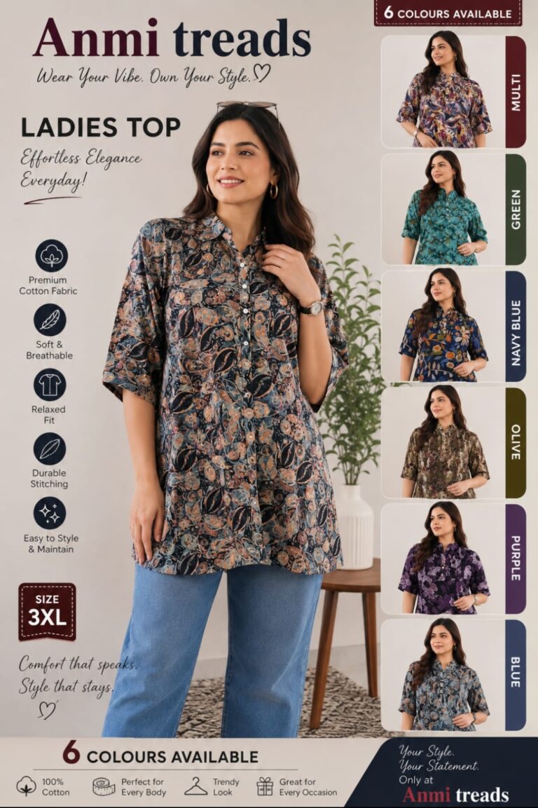 ANMI Treads Ladies Printed Top – 100% Cotton | Relaxed Fit | 3XL | Multi, Green, Navy, Olive, Purple, Blue