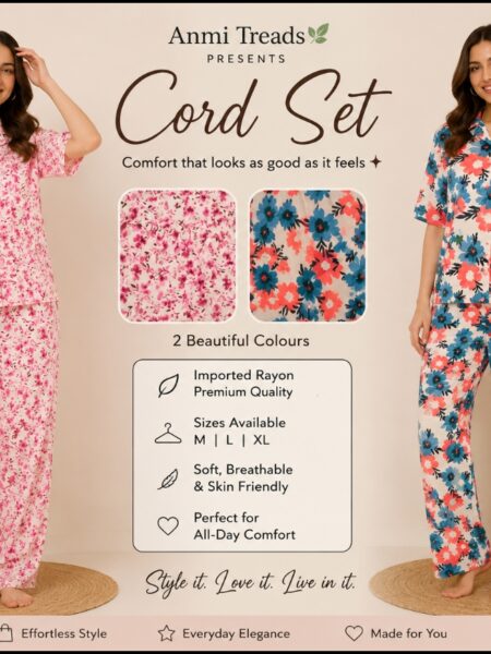 Anmi Treads Women's Premium Imported Rayon Floral Cord Set – 2 Colors