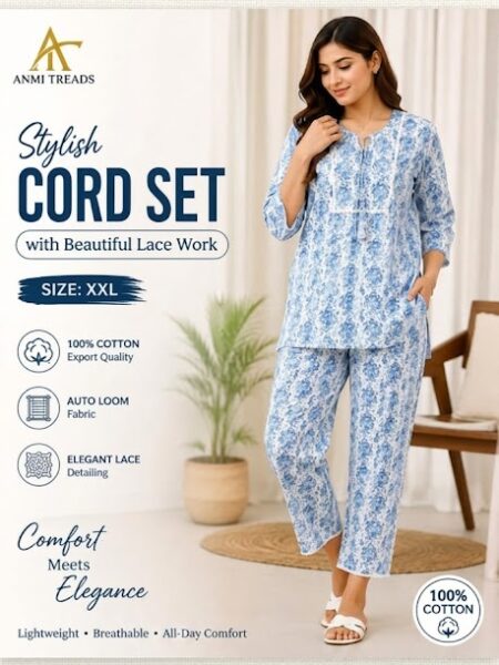Women's 100% Cotton Printed Cord Set with Lace Work – Blue Floral Co-ord Set (XXL)