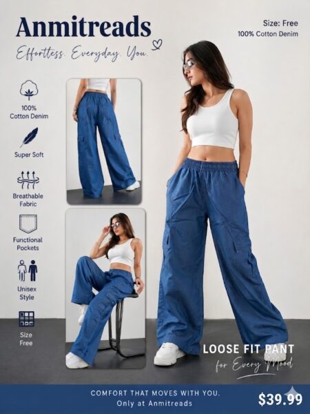 Anmitreads Women's 100% Cotton Denim Loose Fit Cargo Pants
