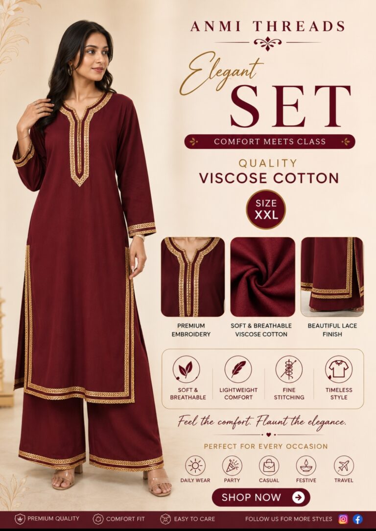 Anmi Threads Women’s Maroon Viscose Cotton Embroidered Kurta Palazzo Set (XXL)