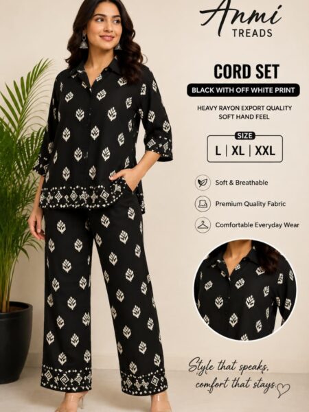 Anmi Women's Black & Off White Printed Rayon Co-Ord Set with Palazzo Pants