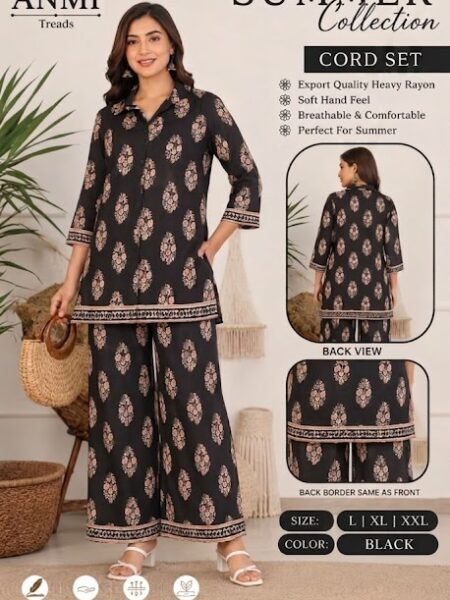 ANMI Women's Black Floral Printed Rayon Co-Ord Set with Palazzo Pants