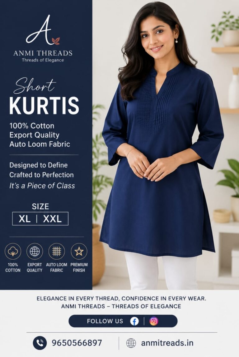 Anmi Threads Women’s 100% Cotton Short Kurti | Export Quality Auto Loom Fabric Casual & Office Wear Tunic Top for Women | Navy Blue | XL-XXL