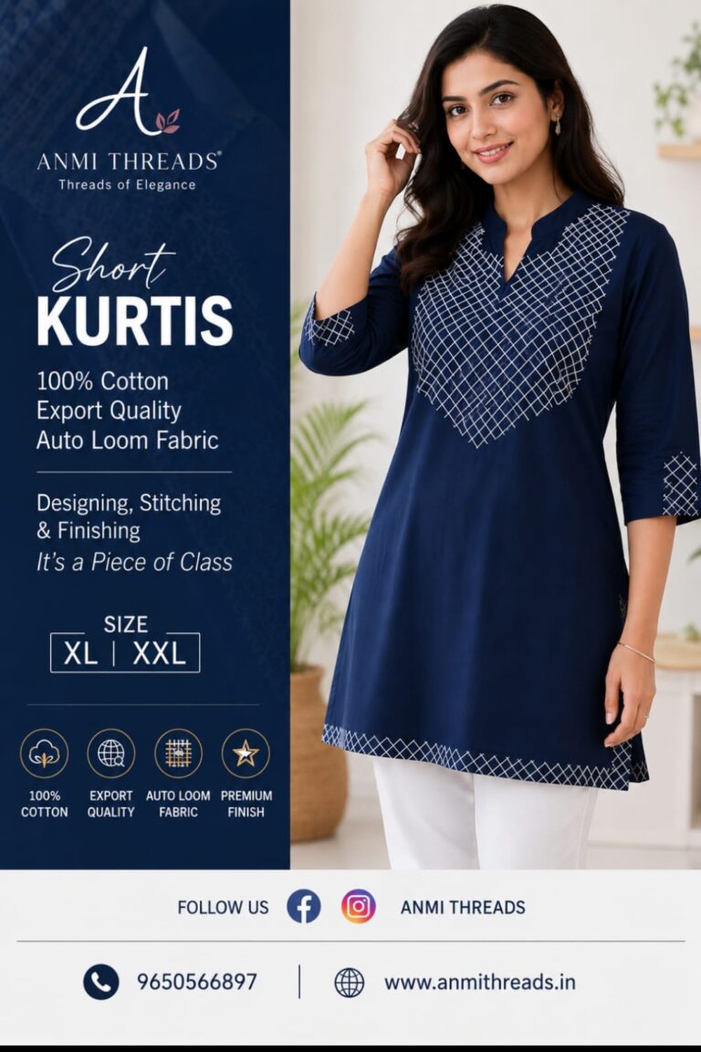 Anmi Threads Women’s Printed Cotton Short Kurti | Export Quality Auto Loom Fabric Ethnic Tunic Top for Women | Navy Blue | XL-XXL