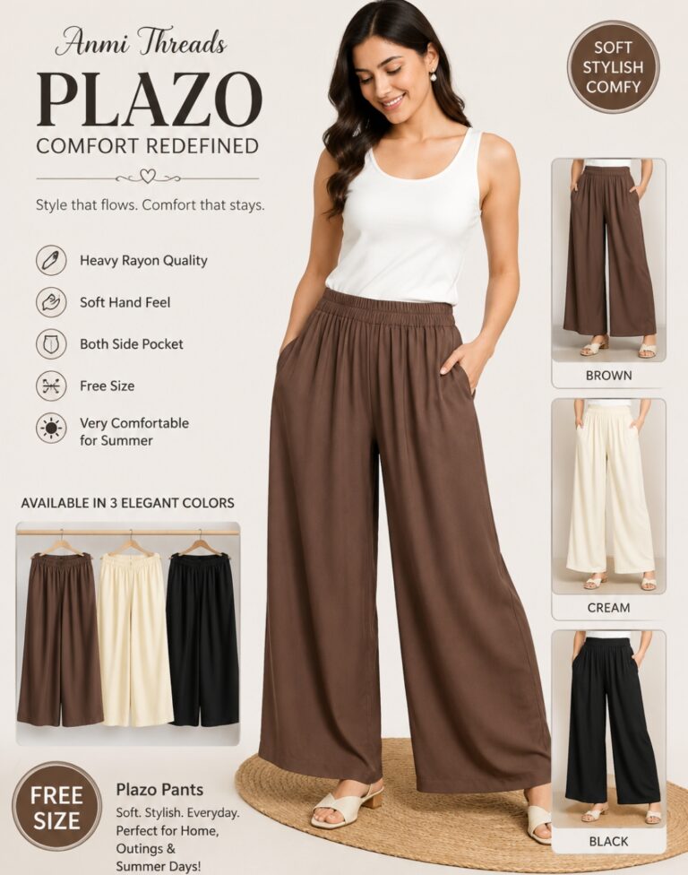 Anmi Threads Women’s Heavy Rayon Plazo Pants | Wide Leg Palazzo Trousers with Both Side Pockets | Free Size | Soft & Comfortable Summer Wear | Available in Brown, Cream & Black