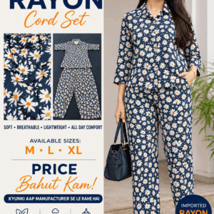 Anmi Treads Premium Imported Rayon Floral Printed Cord Set for Women – Navy Blue