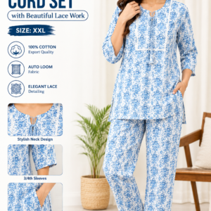 Women’s Blue Floral Printed Cotton Co-Ord Set with Lace Work – Stylish Kurta & Pants Set, XXL