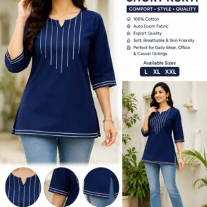 ANMI THREADS Women’s Premium Cotton Short Kurti – Navy Blue 3/4 Sleeve Kurti with Stylish Notch Neck