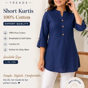 ANMI TREADS Women’s Short Kurti 100% Cotton Navy Blue Kurta | Comfortable Casual Wear