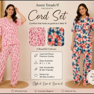 Anmi Treads Premium Imported Rayon Floral Cord Set for Women | Soft Breathable & Skin-Friendly Two-Piece Set | Available in 2 Attractive Colours/Prints | Sizes M, L & XL