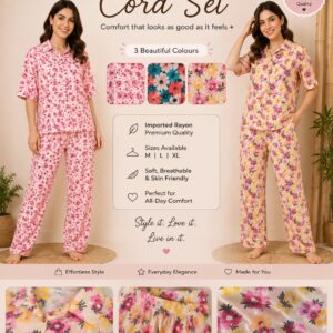 Anmi Treads Women’s Floral Printed Co-Ord Set | 2-Piece Shirt & Pant Set | Imported Rayon Premium Quality | Soft, Breathable & Skin Friendly | 3 Beautiful Colours/Prints Available | Sizes M, L & XL
