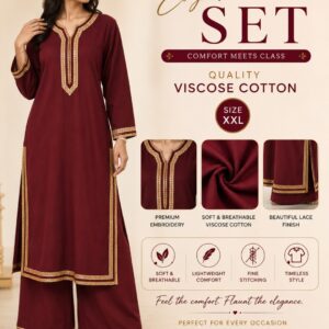 Anmi Threads Women’s Elegant Kurta Pant Set | 2-Piece Ethnic Set | Premium Viscose Cotton | Soft & Breathable | Lightweight Comfort | Premium Embroidery & Beautiful Lace Finish | Maroon | Size XXL