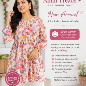 Anmi Treads Women’s Floral Printed Cotton Top | 100% Cotton Mill Made Fabric | Export Quality | Soft & Breathable | Premium Comfort | Stylish Long Sleeve Tunic Top | Casual & Vacation Wear