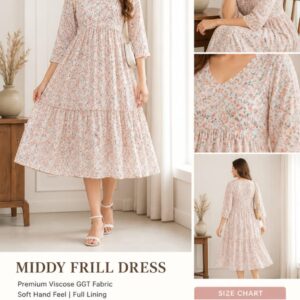 Anmi Threads Women’s Midi Frill Dress | Floral Printed Dress | Premium Viscose GGT Fabric | Soft Hand Feel | Full Lining | 3/4 Sleeves | Elegant Casual Dress | Sizes L & XL