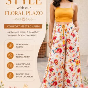Women’s Floral Printed Palazzo Pants – Lightweight Wide Leg Trousers with Elastic Waist & Drawstring