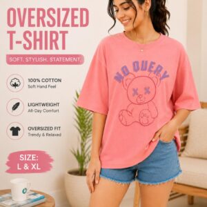 Women’s Pink Oversized Graphic T-Shirt – 100% Cotton Soft Breathable Loose Fit Tee (L & XL)