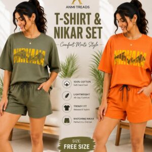 Women’s T-Shirt & Nikar Shorts Co-Ord Set – 100% Cotton Casual Two-Piece Set, Free Size