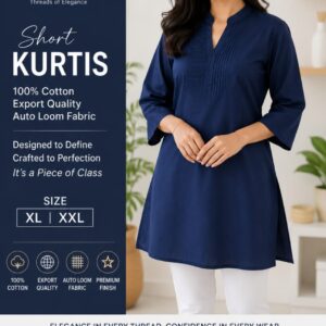 Women’s Short Kurti – 100% Cotton Solid Navy Blue Straight Kurta with 3/4 Sleeves, XL & XXL