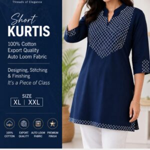Women’s Navy Blue Printed Short Kurti – 100% Cotton Auto Loom Fabric with 3/4 Sleeves, XL & XXL